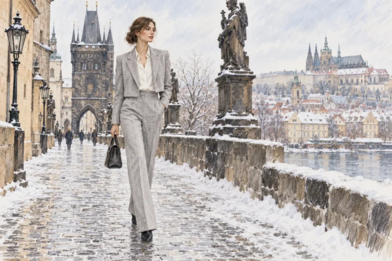 Autorská módní ilustrace ženy v krátkém světlém saku a sladěných kalhotách.