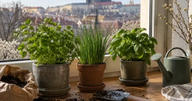 Jarní parapet s několika květináči jedlých bylinek