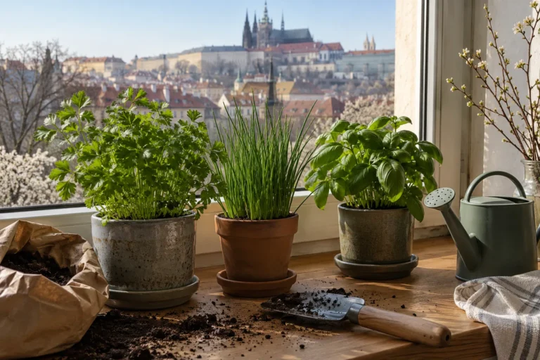 Jarní parapet s několika květináči jedlých bylinek