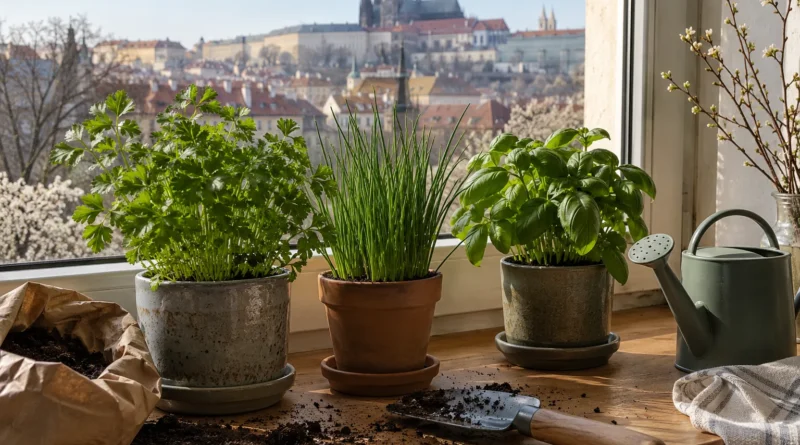 Jarní parapet s několika květináči jedlých bylinek
