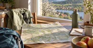Mapa, lehká bunda a lahev připravené na jarní jednodenní výlet