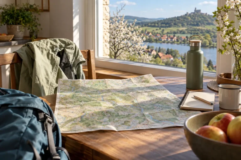 Mapa, lehká bunda a lahev připravené na jarní jednodenní výlet