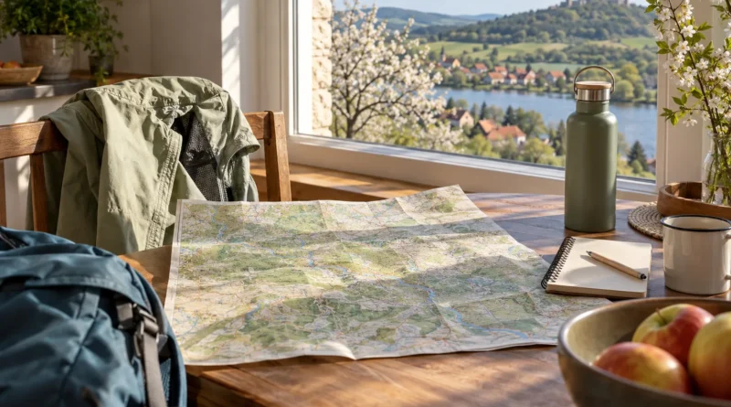 Mapa, lehká bunda a lahev připravené na jarní jednodenní výlet