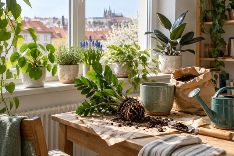 Pokojové rostliny na jarním parapetu při přesazování