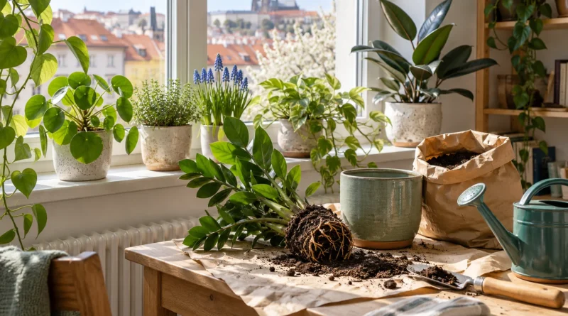 Pokojové rostliny na jarním parapetu při přesazování