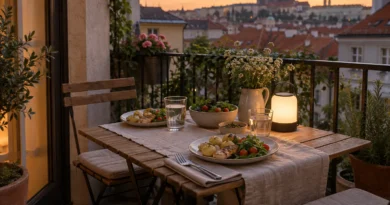 Prostřený malý balkon při letní večerní večeři