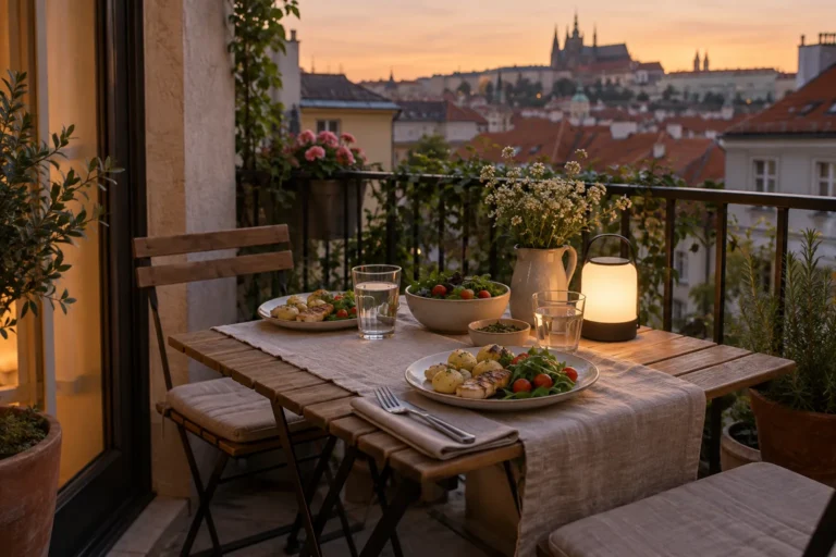 Prostřený malý balkon při letní večerní večeři