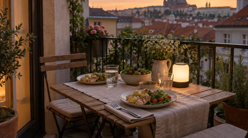 Prostřený malý balkon při letní večerní večeři
