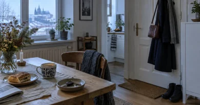Připravená taška a kabát u dveří za zimního rána