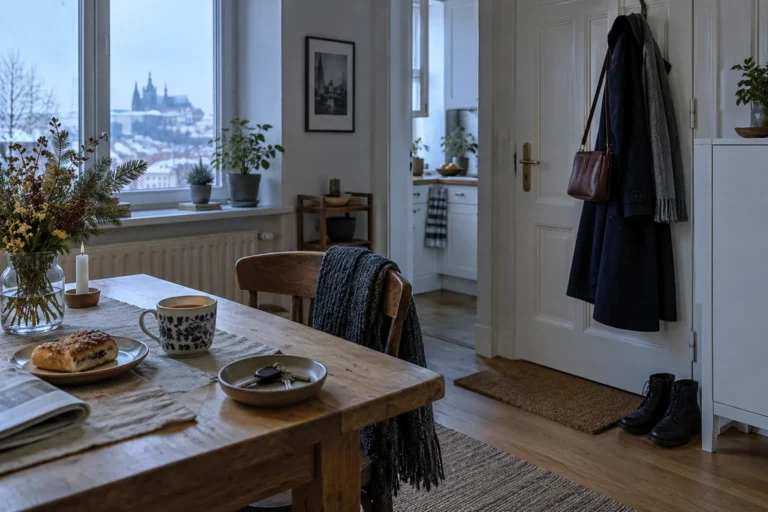 Připravená taška a kabát u dveří za zimního rána