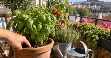 Srpnový balkon s rostlinami a konví při ranní kontrole zálivky