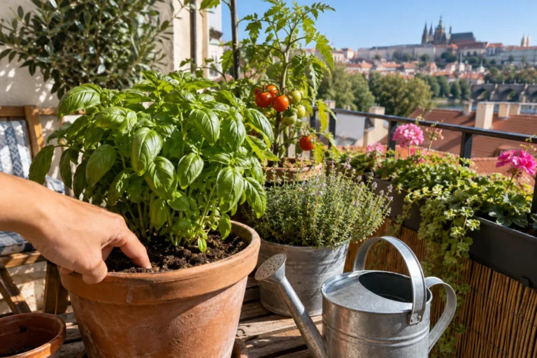 Srpnový balkon s rostlinami a konví při ranní kontrole zálivky
