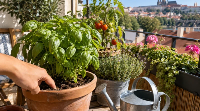 Srpnový balkon s rostlinami a konví při ranní kontrole zálivky