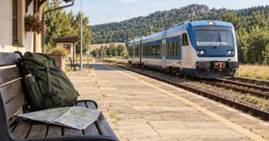 Regionální vlak u malé české stanice s batohem na výlet