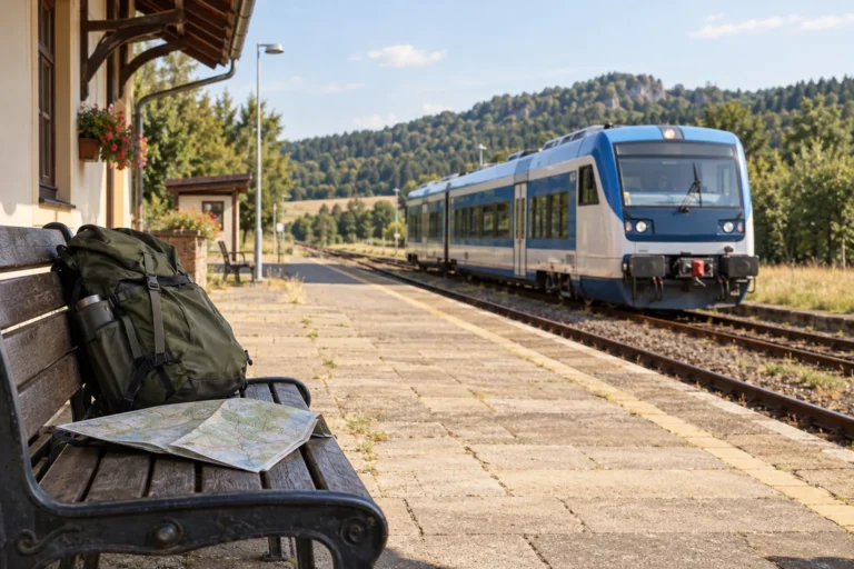 Regionální vlak u malé české stanice s batohem na výlet