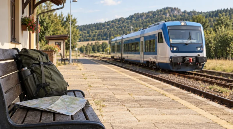 Regionální vlak u malé české stanice s batohem na výlet