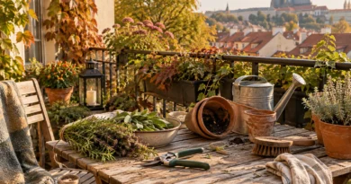 Zářijový balkon s bylinkami, květináči a zahradnickým náčiním