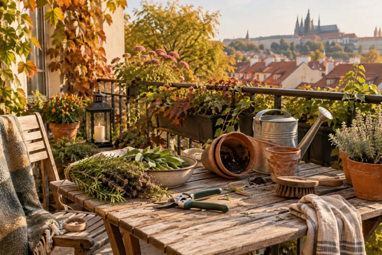 Zářijový balkon s bylinkami, květináči a zahradnickým náčiním