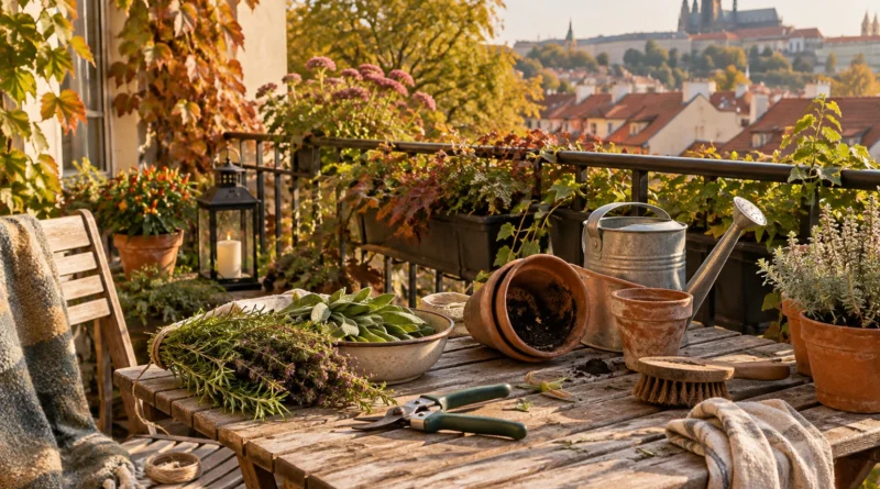 Zářijový balkon s bylinkami, květináči a zahradnickým náčiním