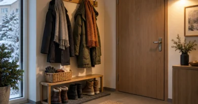 Uspořádaná zimní předsíň s botami na omyvatelné podložce