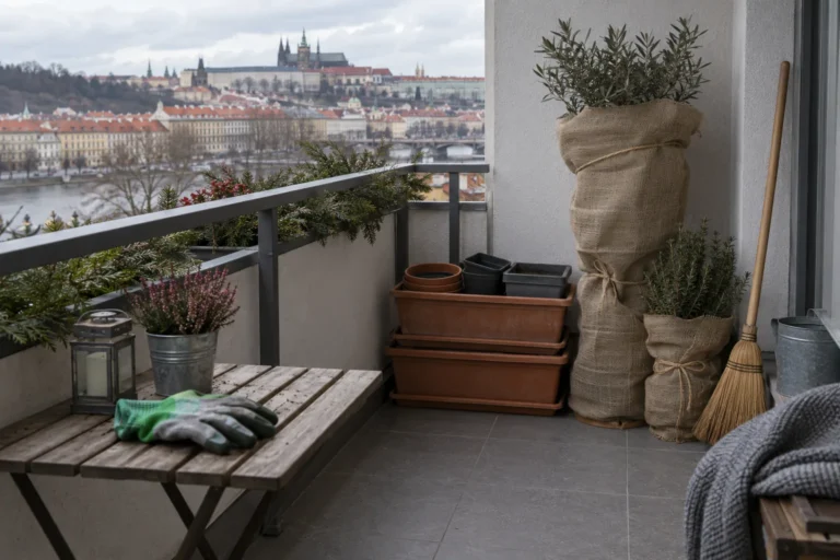 Malý zimní balkon s bezpečně uloženými truhlíky