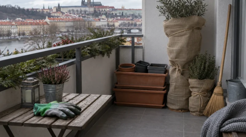 Malý zimní balkon s bezpečně uloženými truhlíky
