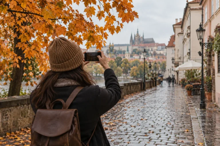Podzimní městská fotoprocházka s telefonem a barevnými listy