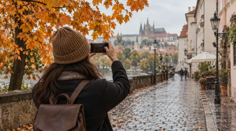 Podzimní městská fotoprocházka s telefonem a barevnými listy