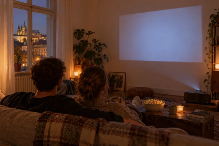 Podzimní filmový večer doma s projekcí, dekami a drobným pohoštěním