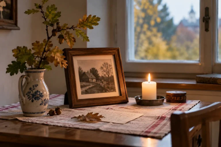Klidné podzimní místo ke vzpomínání s fotografií, květinou a světlem