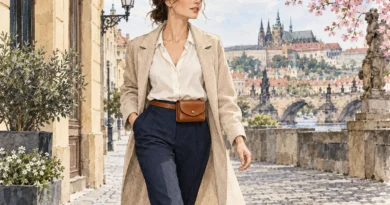 Autorská stylingová ilustrace ženy v lehkém kabátu a kalhotách s malou koženou taškou na pásku.