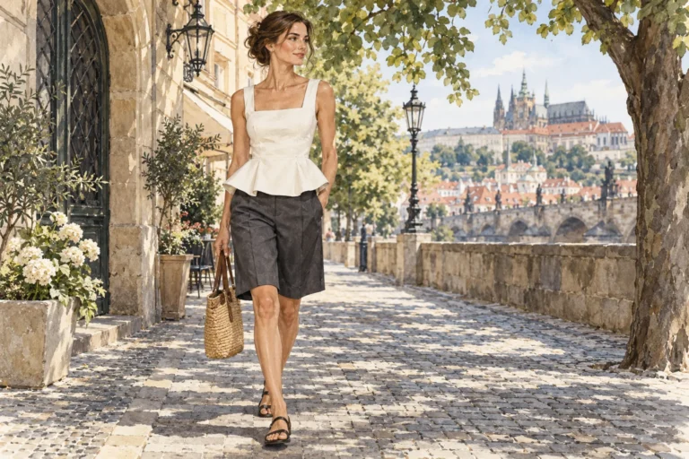 Autorská módní ilustrace ženy ve světlém peplum topu a tmavých bermudách.