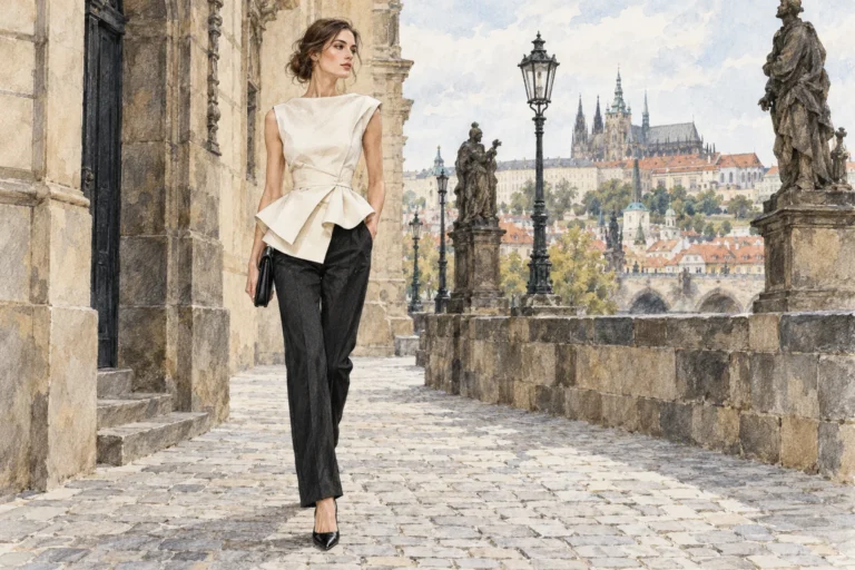 Autorská módní ilustrace ženy v krémovém peplum topu a černých rovných kalhotách.