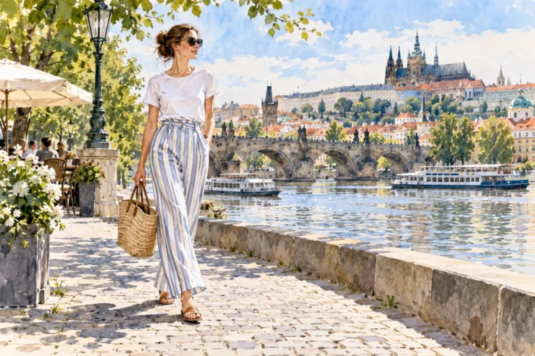 Autorská ilustrace ženy v modrobílých pruhovaných kalhotách a bílém tričku.