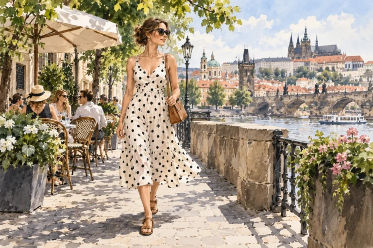 Autorská ilustrace ženy v černobílých puntíkovaných midi šatech.