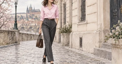 Autorská stylingová ilustrace ženy v jemně růžové košili, tmavých rovných kalhotách a mokasínech.