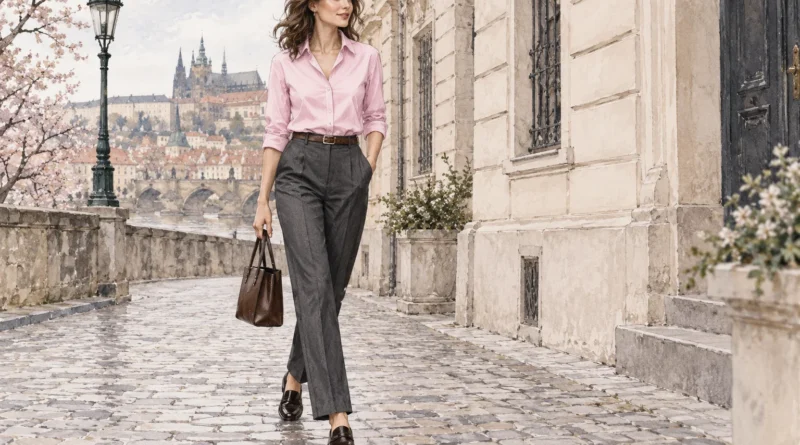 Autorská stylingová ilustrace ženy v jemně růžové košili, tmavých rovných kalhotách a mokasínech.