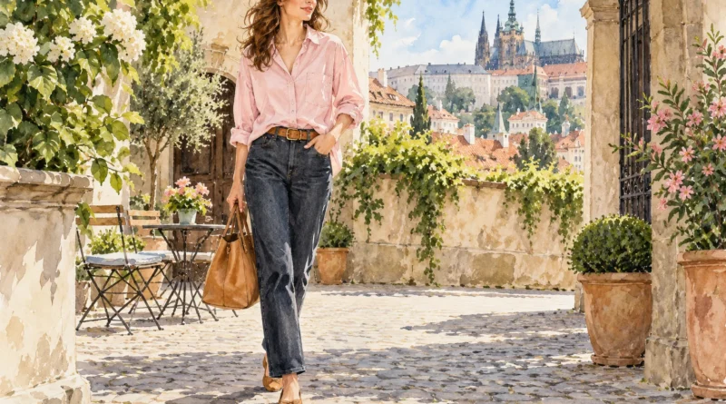 Autorská módní ilustrace ženy v pudrově růžové košili a tmavých džínách.