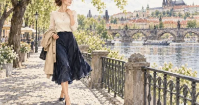 Autorská módní ilustrace ženy v jemném světlém úpletu a tmavomodré midi sukni.