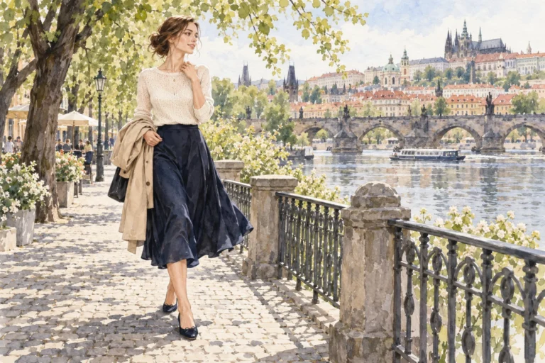 Autorská módní ilustrace ženy v jemném světlém úpletu a tmavomodré midi sukni.