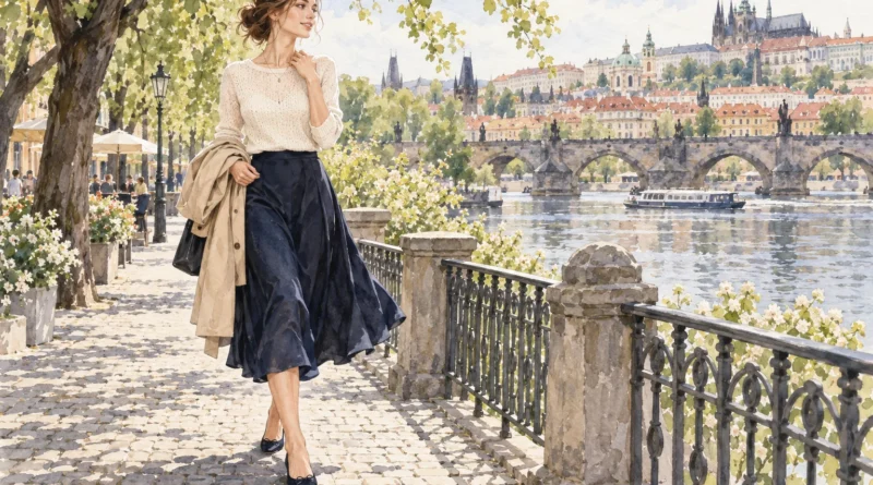 Autorská módní ilustrace ženy v jemném světlém úpletu a tmavomodré midi sukni.