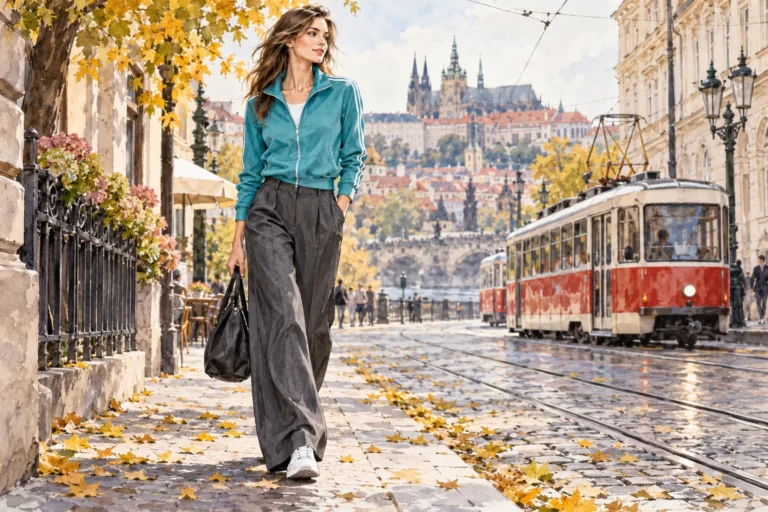 Autorská módní ilustrace ženy v tyrkysové sportovní bundě a tmavých kalhotách.