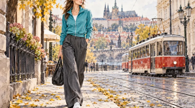 Autorská módní ilustrace ženy v tyrkysové sportovní bundě a tmavých kalhotách.